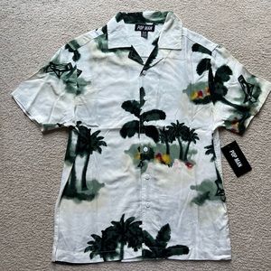 Pop Man Men's Short Sleeve Button Up Shirt Palm Tree Beach Print Green White S